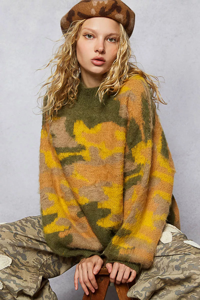 POL Mock Neck Abstract Colorblock Pattern Sweater