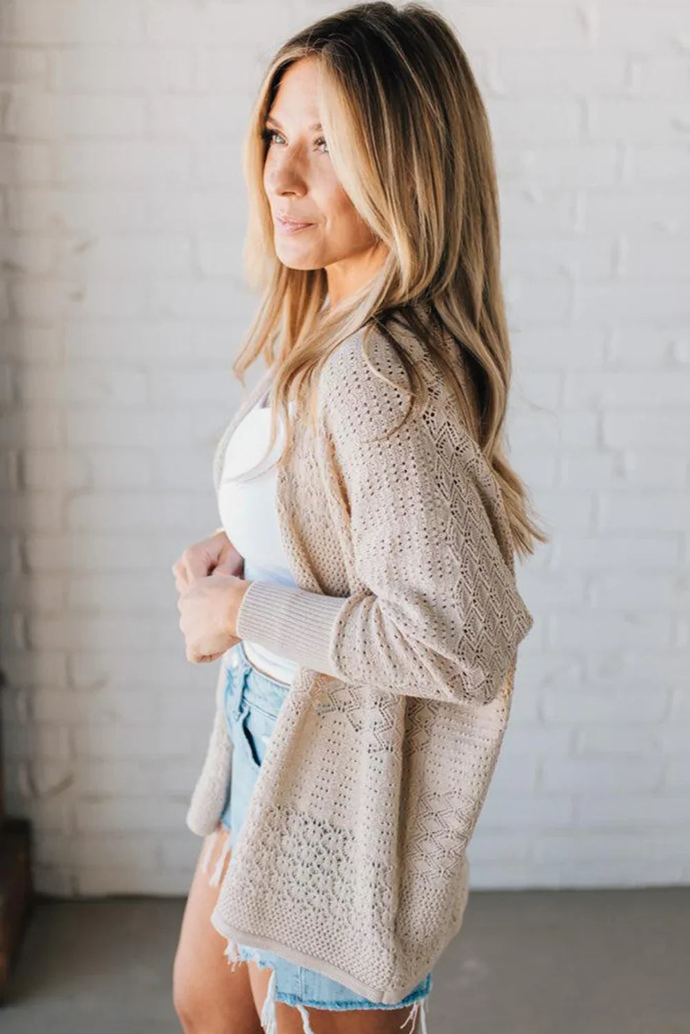 Redwood Burl Mix Pattern Hollow Knit Open Front Cardigan