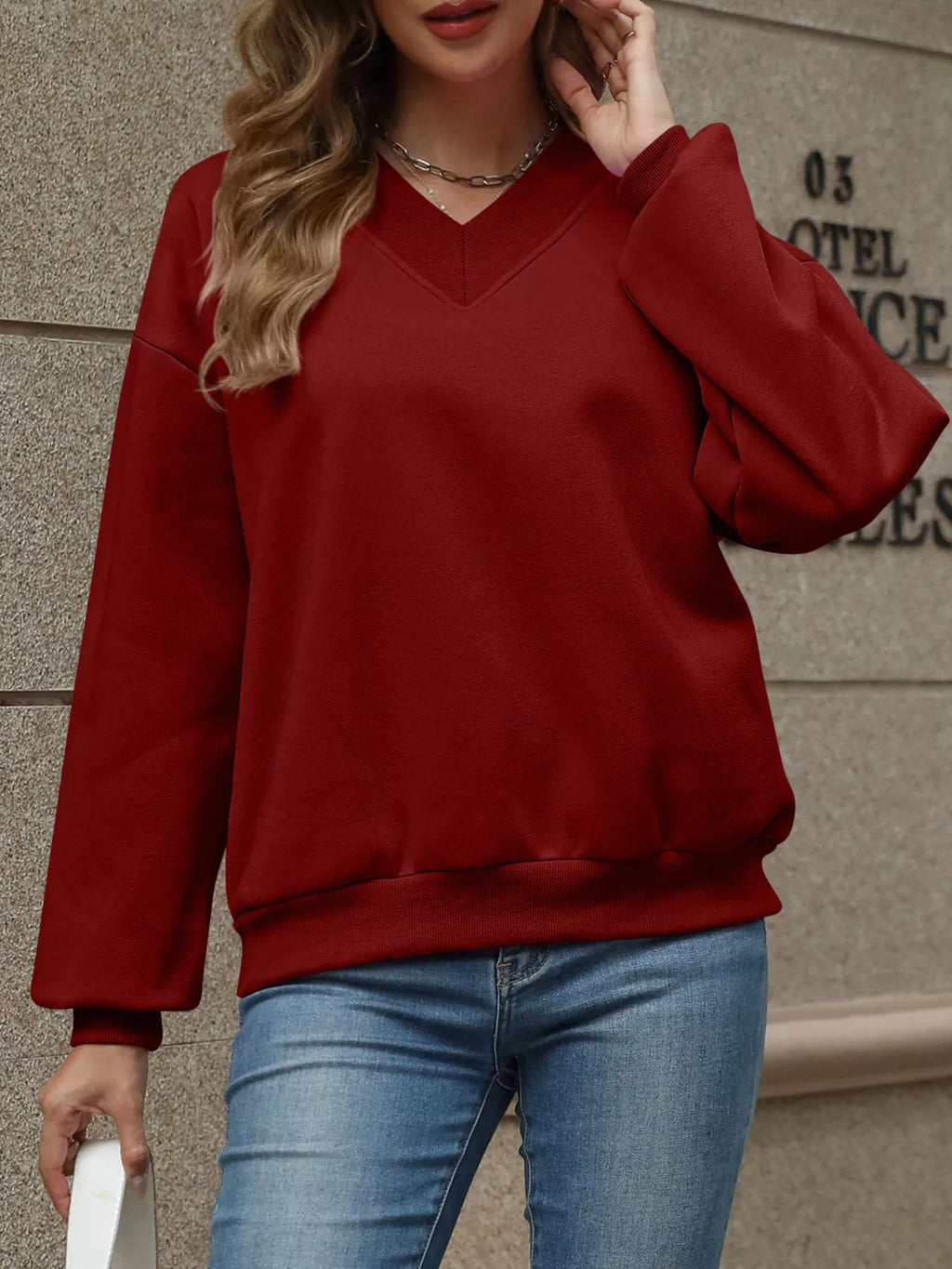 V-Neck Solid Color Casual Sweatshirt
