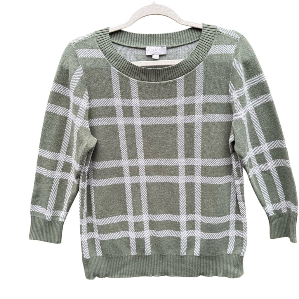 Loft Outlet Womens Large 100% Cotton Plaid 3/4 Sleeve Crew Neck Knit Sweater