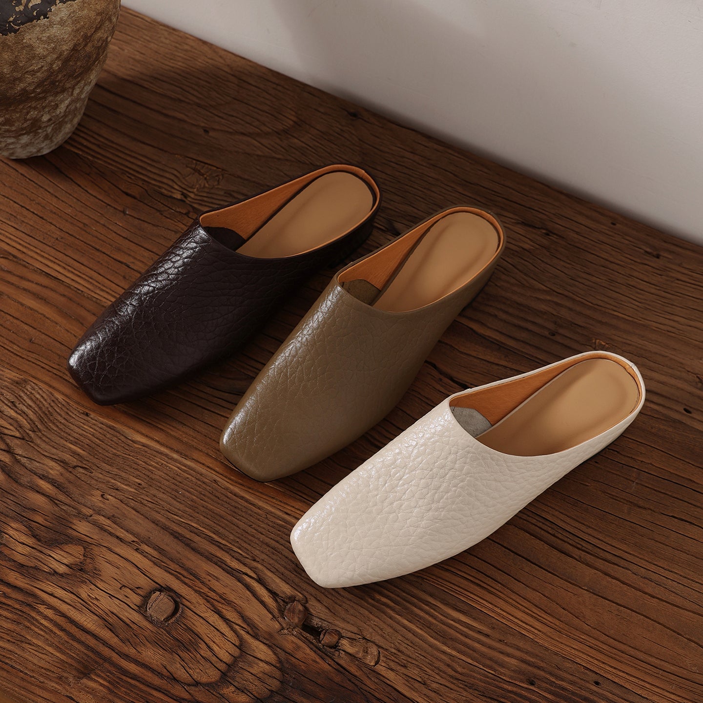 Women's Square Toe Cowhide Mules | Low Block Heel Slip-On Backless Shoes
