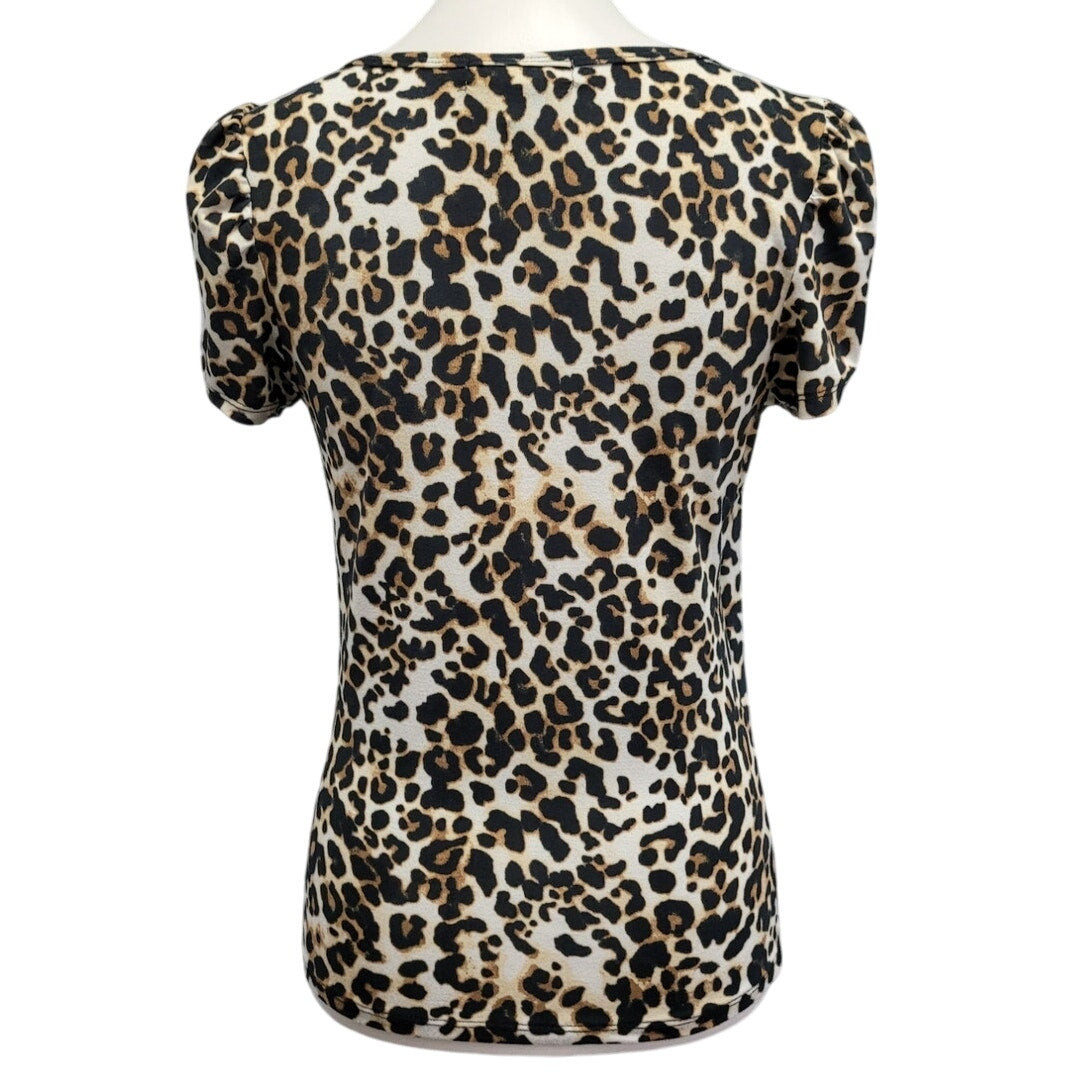 Eye Candy Womens Large Leopard Print Short Sleeve V Neck Faux Wrap Top