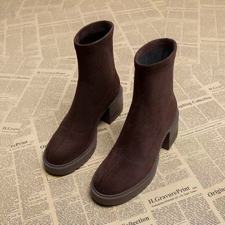 Women's Brown Heeled Ankle Boots – Cutout Back Zipper Mid Heel Booties for Petite Women