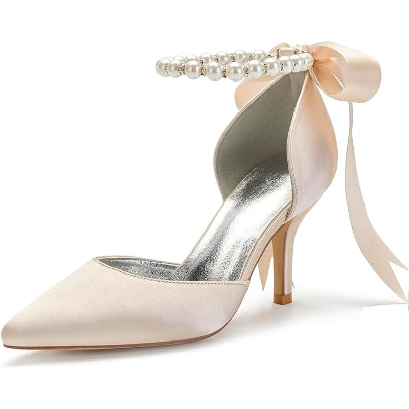 Womens Size 10 Champagne 3" Heel Closed Pointed Toe Pearl Ankle Tie Shoes