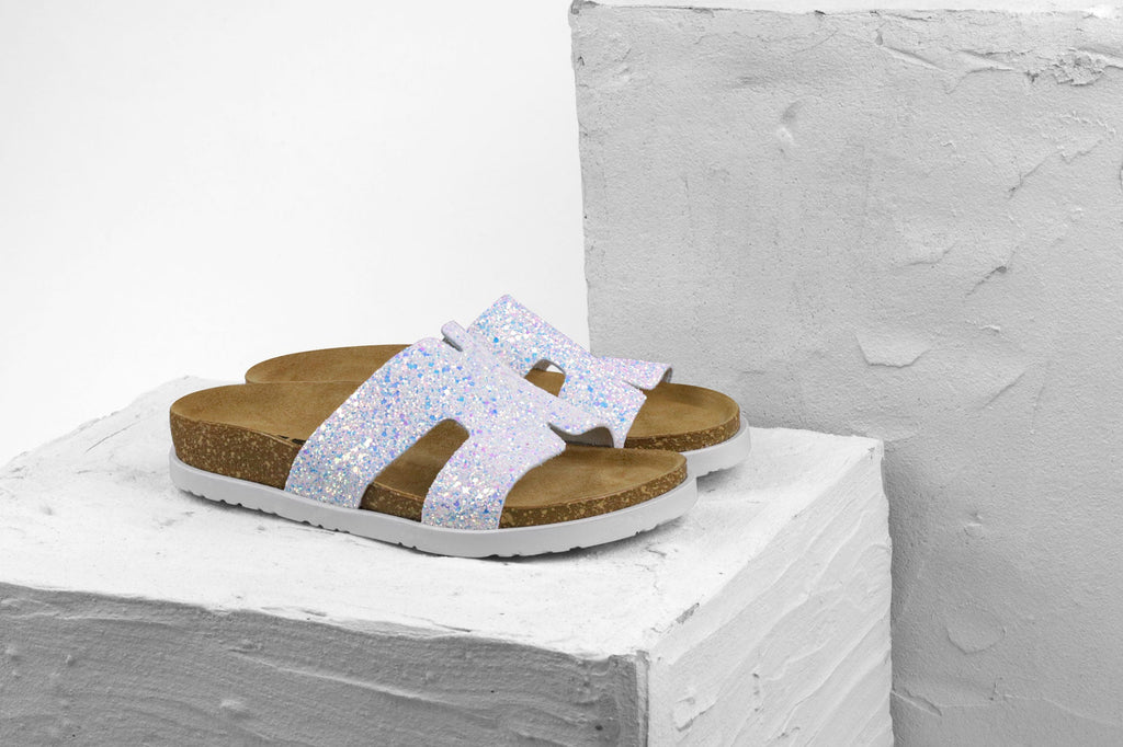 Liora II by LEON- Women’s Leather Sandal- Shimmering Slide Sandals with Glitter Effect