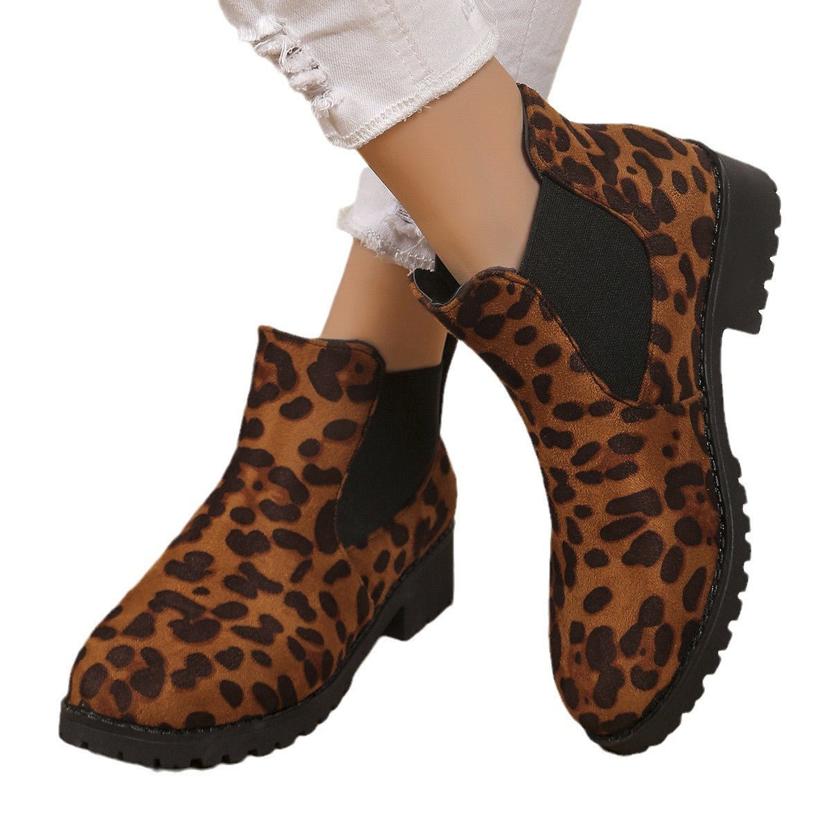 Leopard Print Ankle Boots Women - Mid Heel Chunky Sole Slip-On Boots