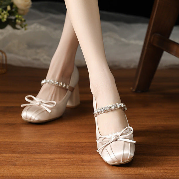 Rhinestone Bow-Tie Chunky Heel Dress Shoes