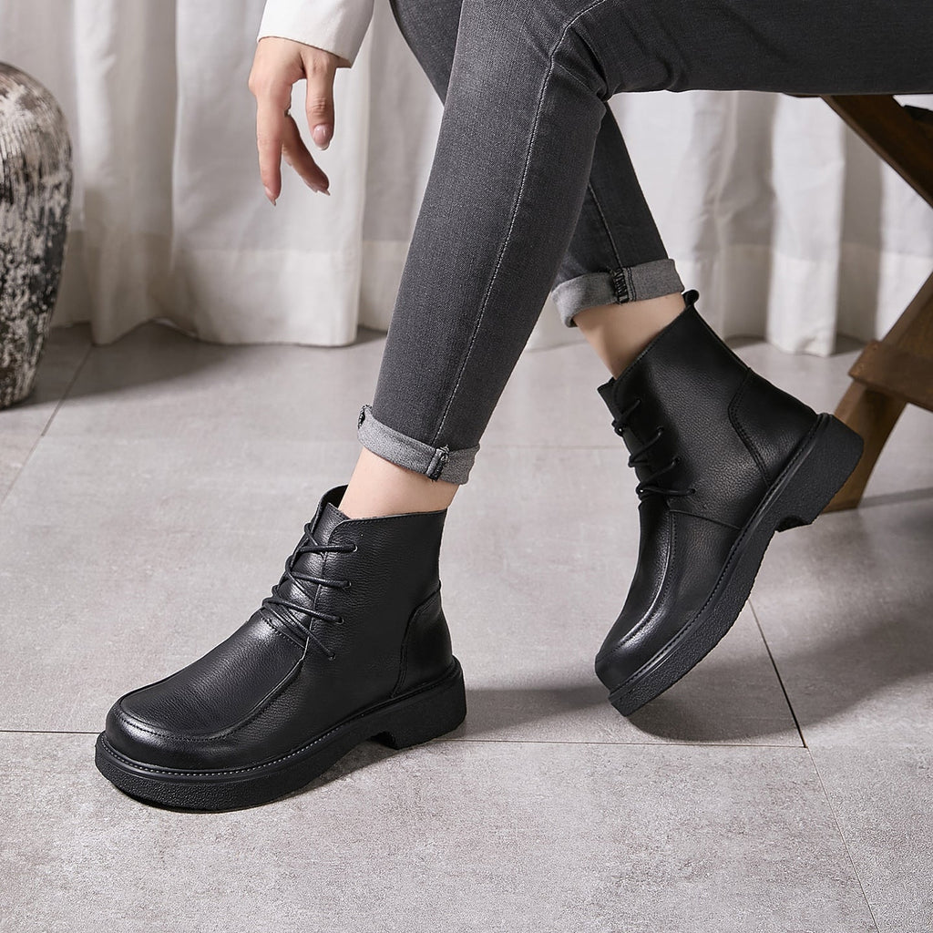 Women's High-Top Lace-Up Cowhide Leather Boots – Round Toe, Non-Slip Rubber Sole | Black & Coffee