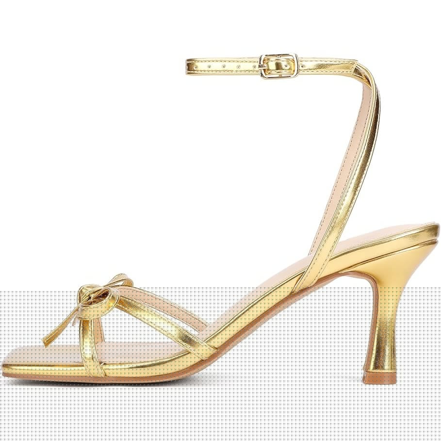 Goderci Womens Size 10 Gold 3" Heels Bow Square Open Toe Ankle Strap Shoes