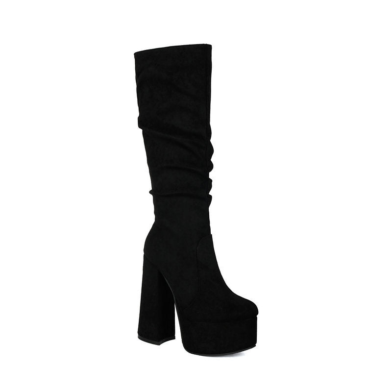 Women's Stretch Suede Waterproof Chunky High Heel Boots | Side Zipper | Sarah Express
