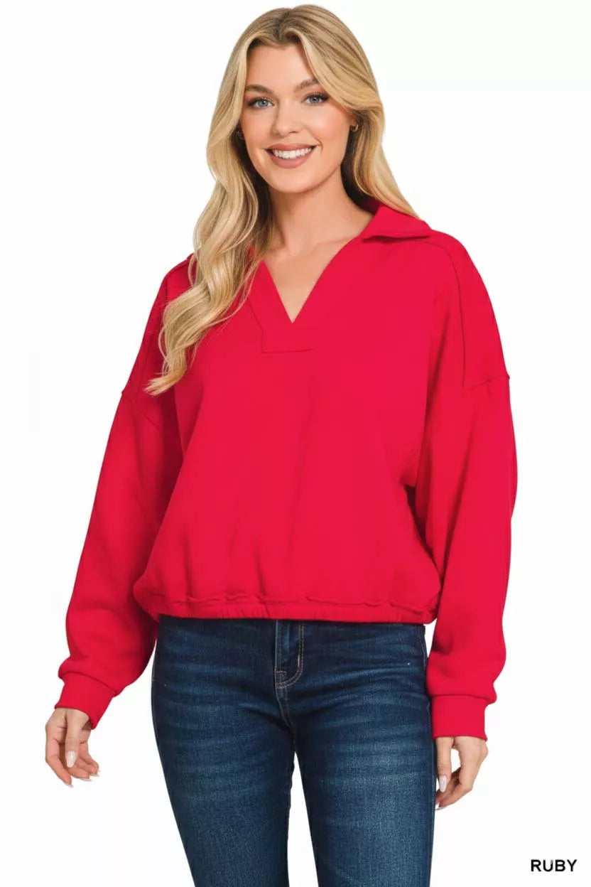 Zenana French Terry Collared Exposed Seam Sweatshirt