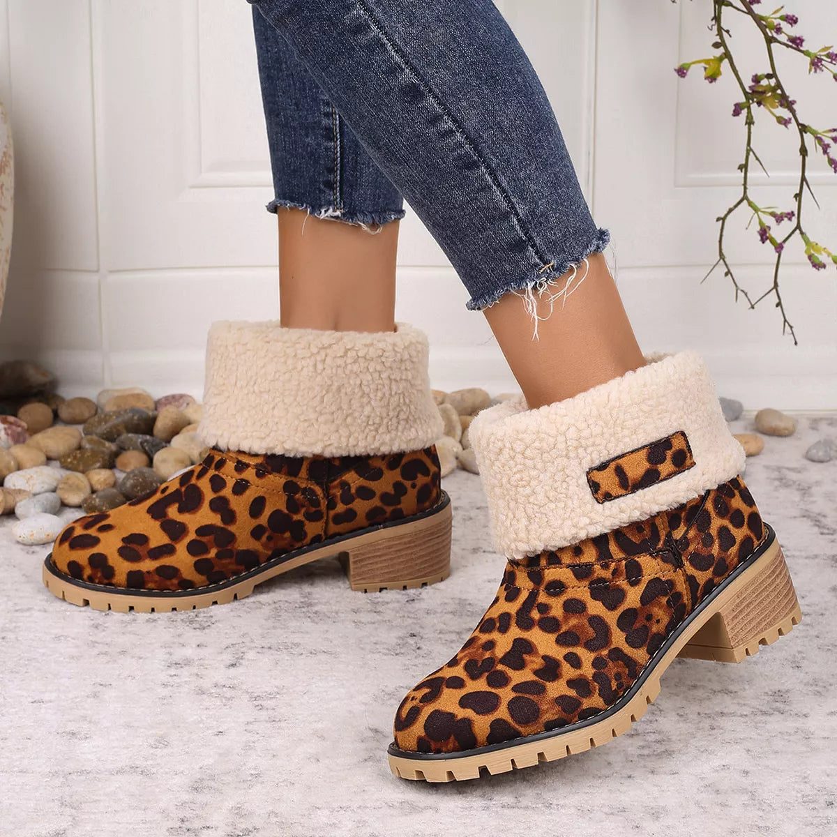 Women's Leopard Print Plush Lined Boots | Mid Heel Slip-On Suede Boots with Warm Faux Fur Lining