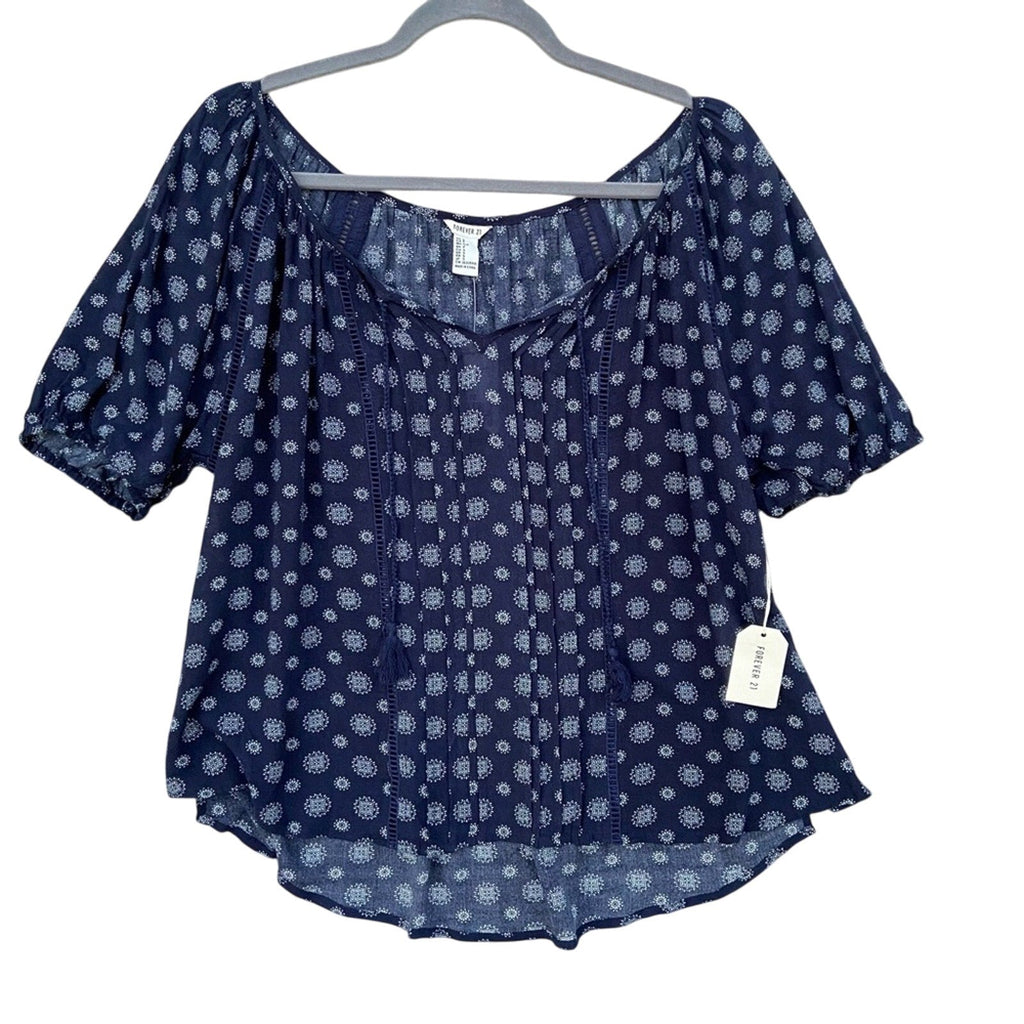 NWT Forever 21 Womens Small Navy Floral Short Sleeve Front Tie Semi Sheer Blouse