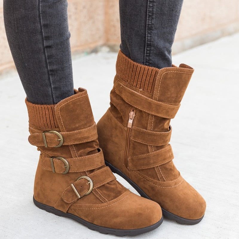 Women's Buckle Strap Winter Boots | Matte Round-Toe Flat Ankle Boots
