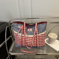 Korean Lace-Trim Color-Block Plaid Tote Bag