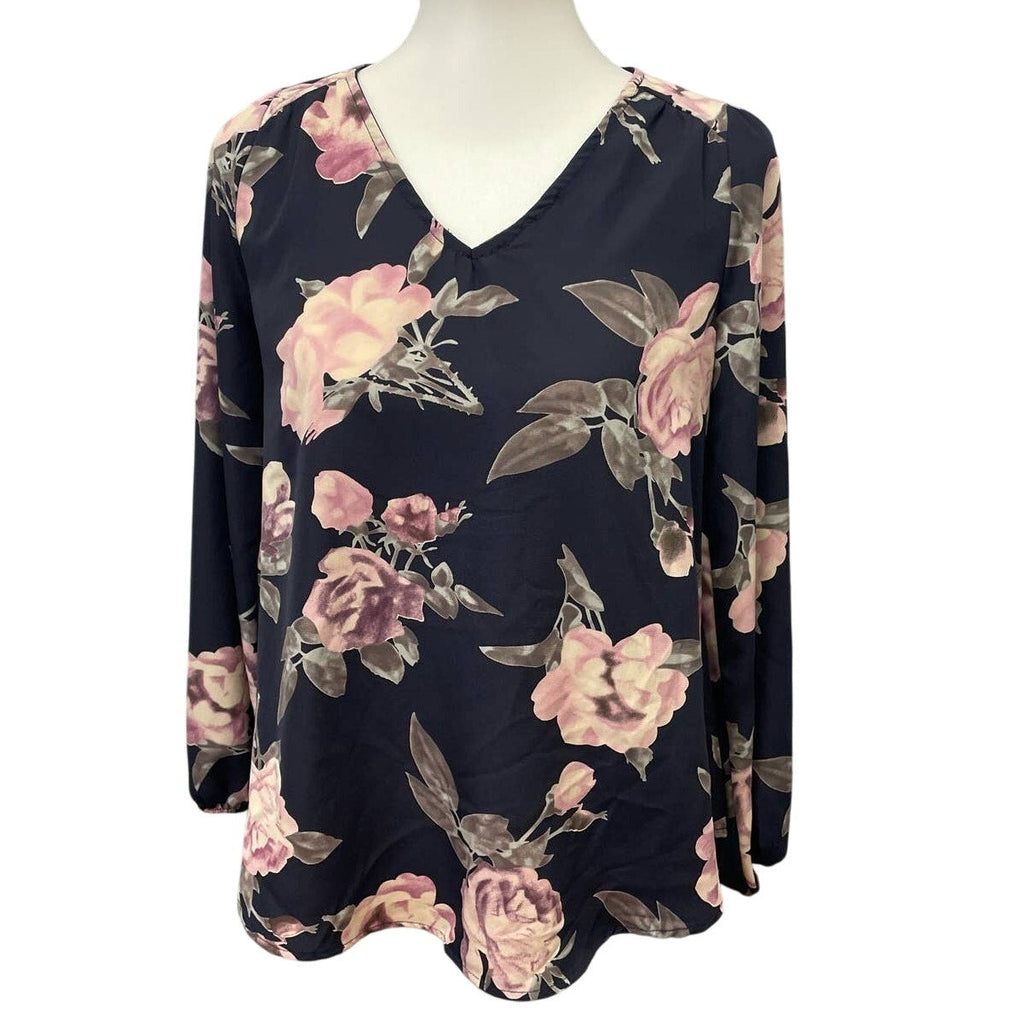 Papermoon Small Long Sleeve V Neck Polyester Open Keyhole Back Floral Top Blouse