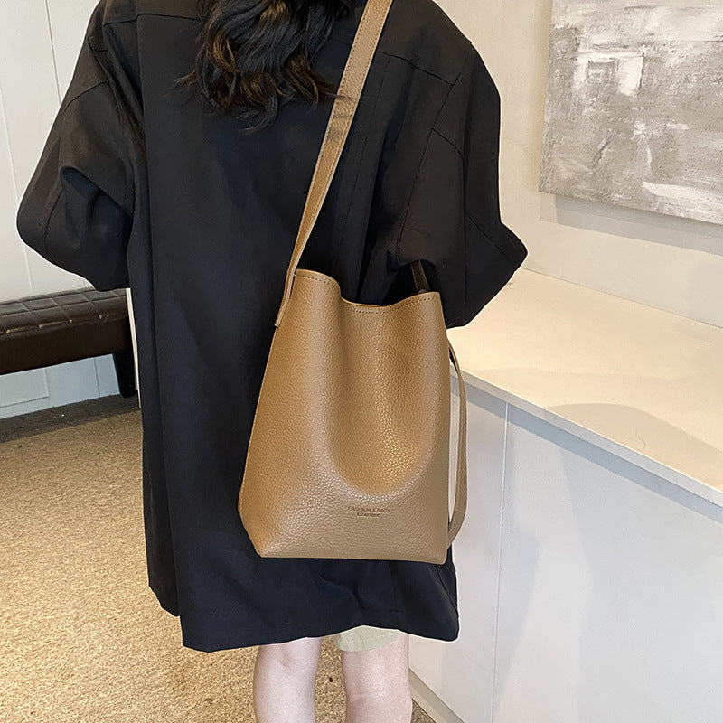 Women's Retro PU Leather Bucket Bag Set - Two-Piece Shoulder Bag with Letter Print