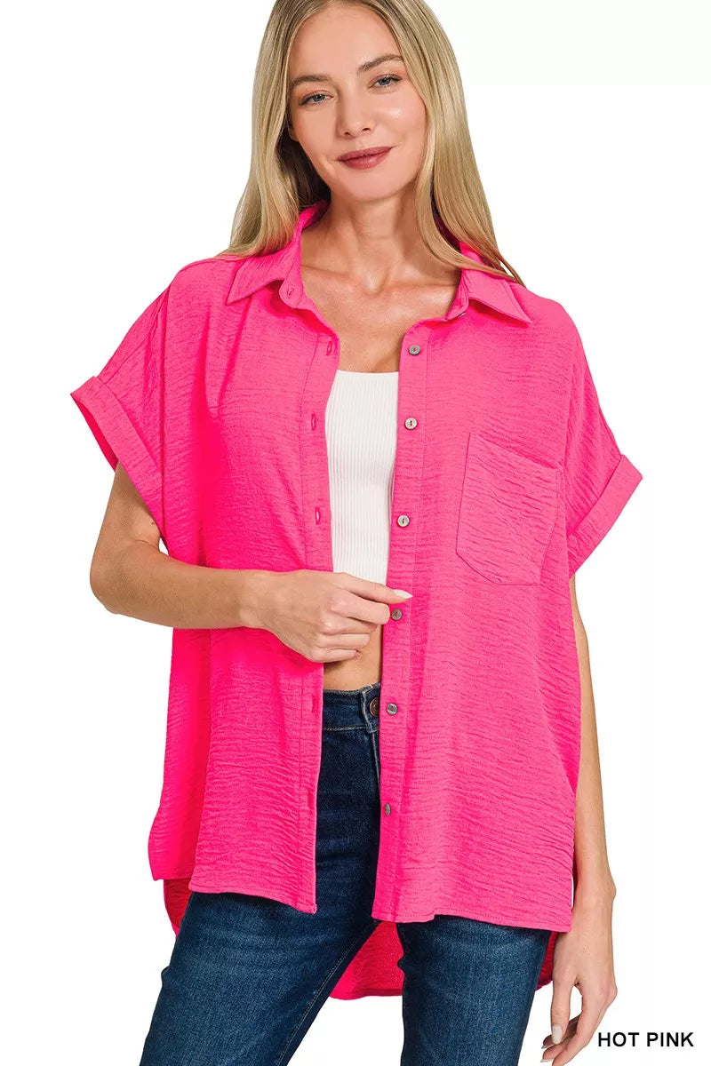 Zenana Woven Airflow Button Down Shirt