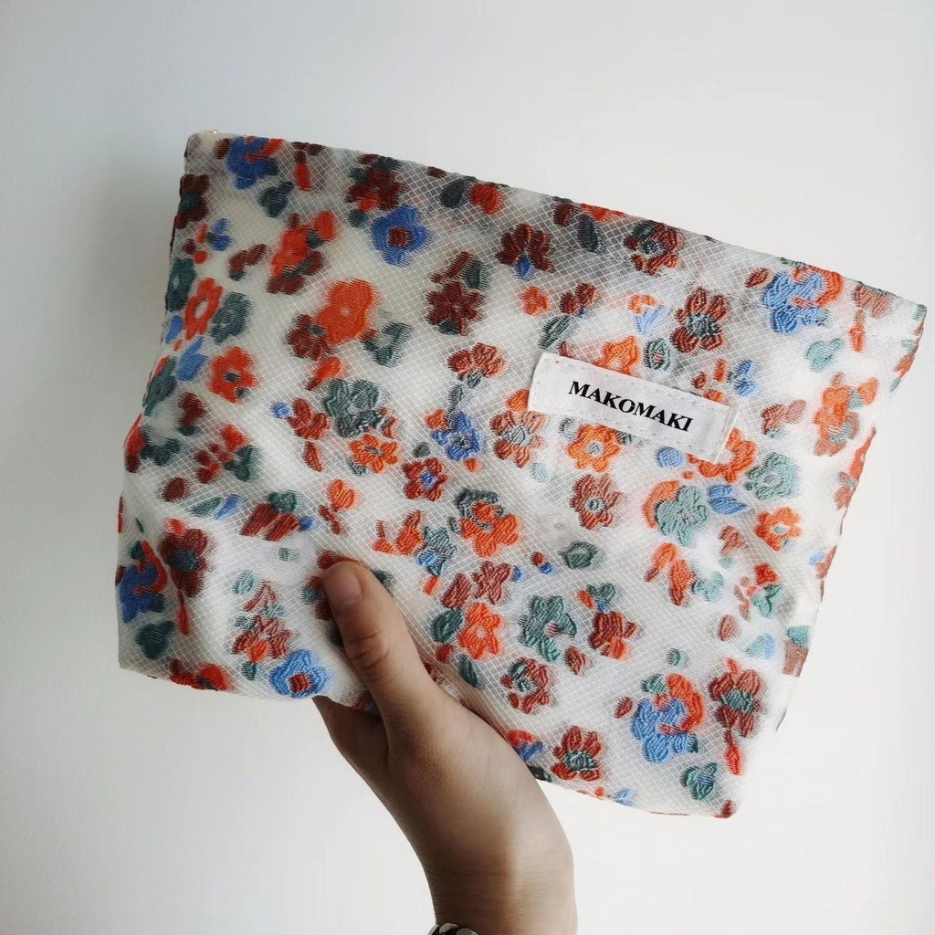 Floral Storage Pouch - Premium Cotton Cosmetic Bag with Nylon Lining