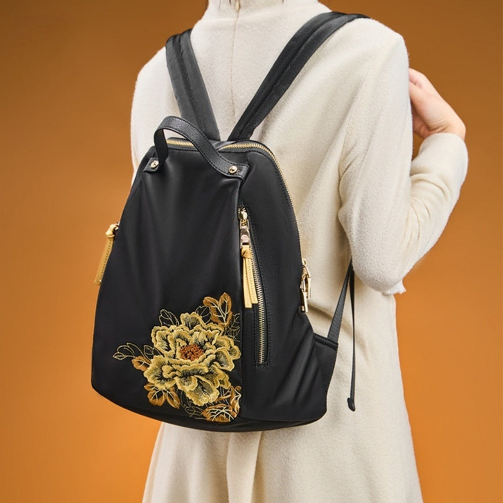 Chinese Embroidered Nylon Backpack Ethnic Style Lightweight Travel Bag