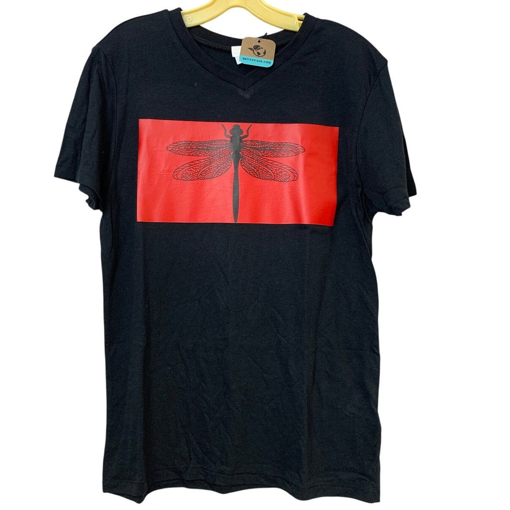 New Upcycled Hand Printed Womens Small Black Dragonfly Short Sleeve VNeck Tee