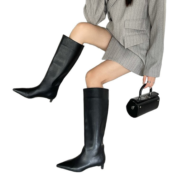 Women's Wide-Calf Knee-High Riding Boots | Pointed Toe Kitten Heel | PU Leather