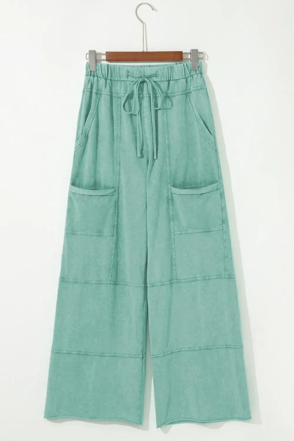 Mineral Wash Exposed Seam Drawstring High Waist Wide Leg Cargo Pants