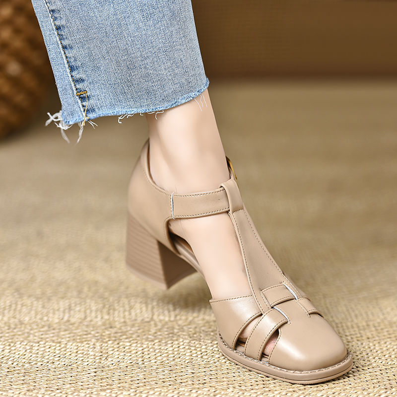 Women's Chunky Heel Peep-Toe Sandals | Hollow-Out Buckle Strap | PU Upper | Sizes 34–40