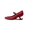 Women's Square Heel Leather Pumps with Bow Accent - Genuine Leather Mid Heel Shoes
