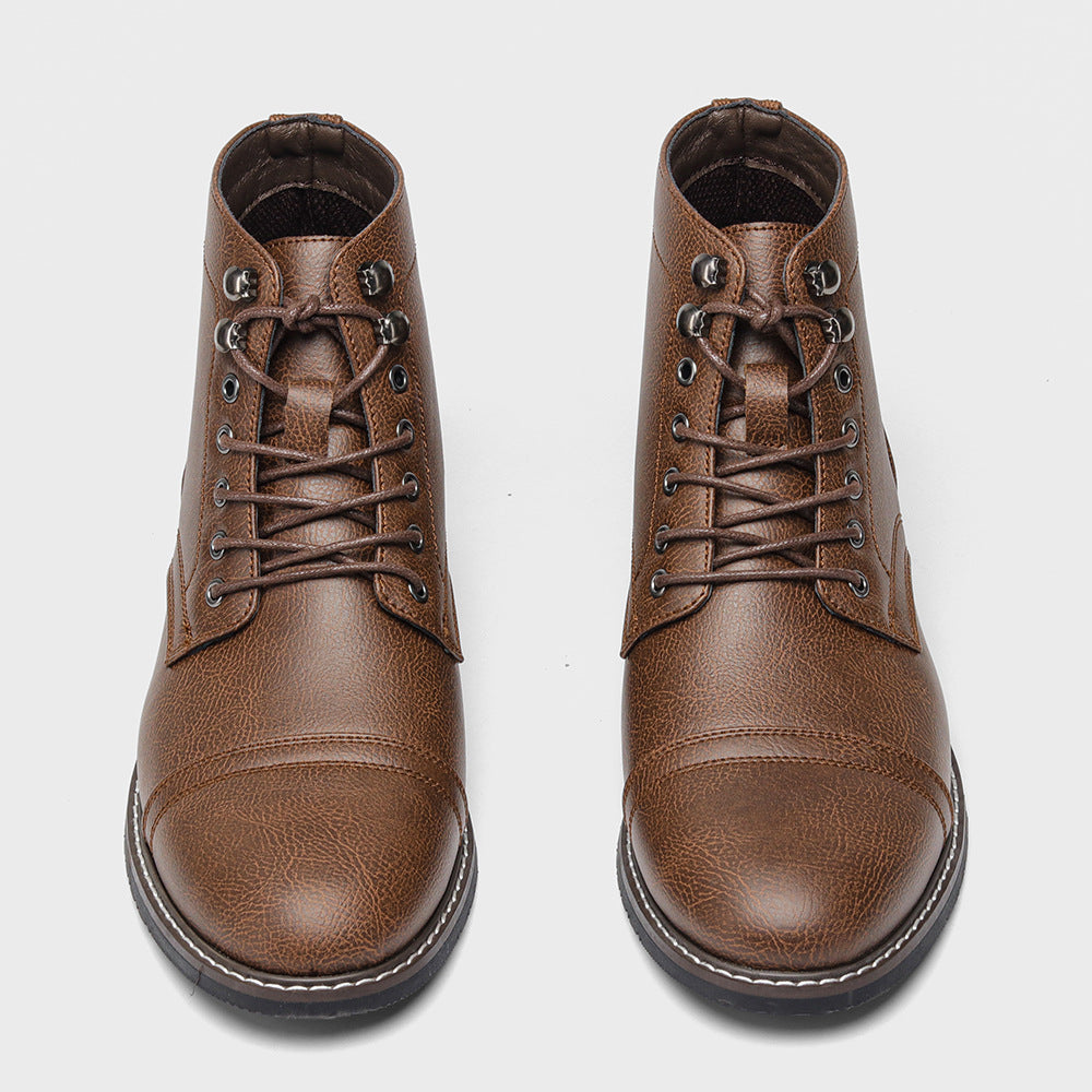 Men's Vintage Casual Leather Boots – Mid-Calf Wedge Heel, Rubber Sole, Stitched Paneling