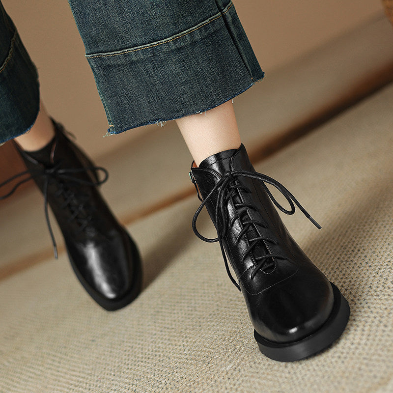 Retro Leather Lace-Up Side Zipper Ankle Boots