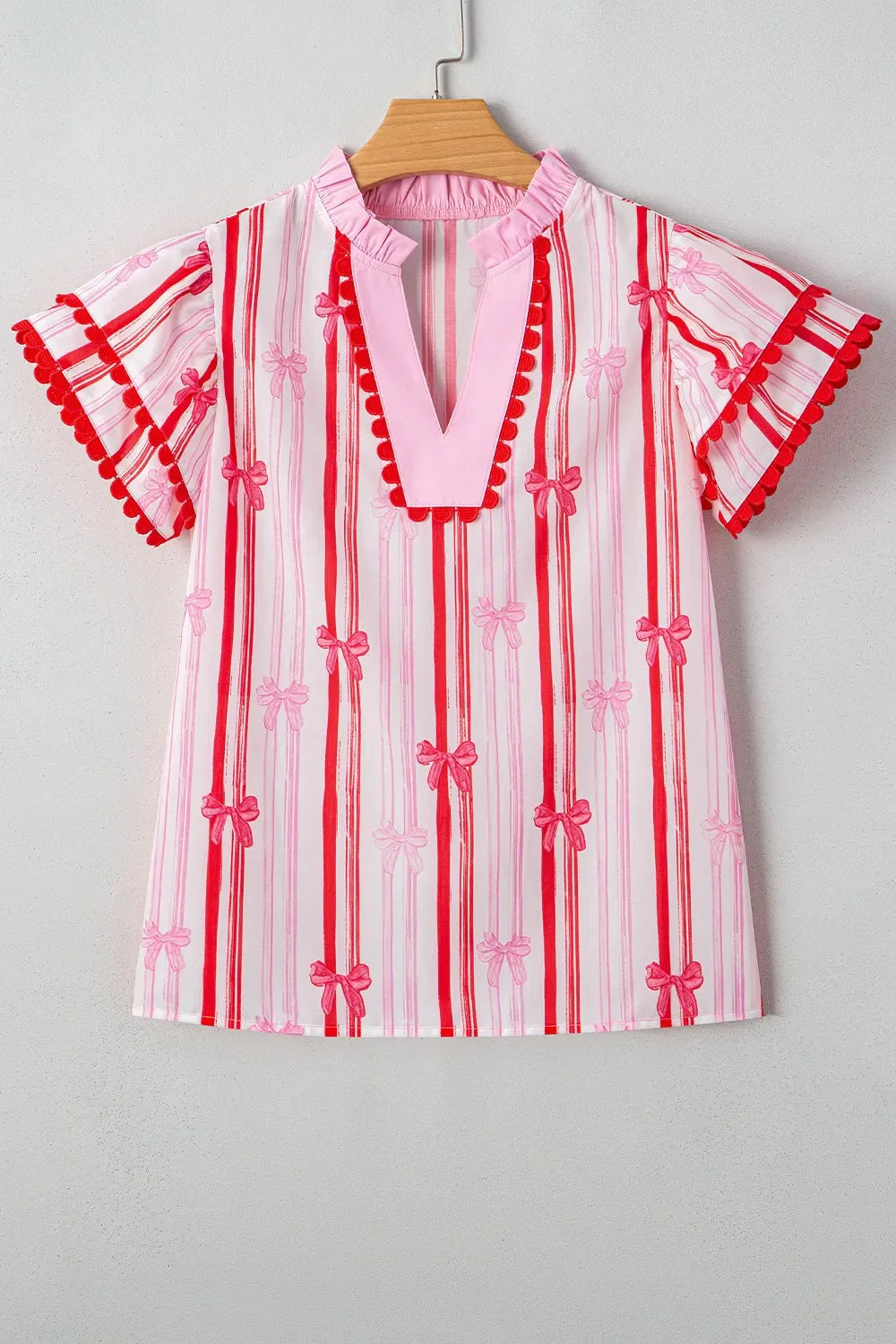 Ric-Rac Trim Ruffled Sleeve Striped Printed Blouse