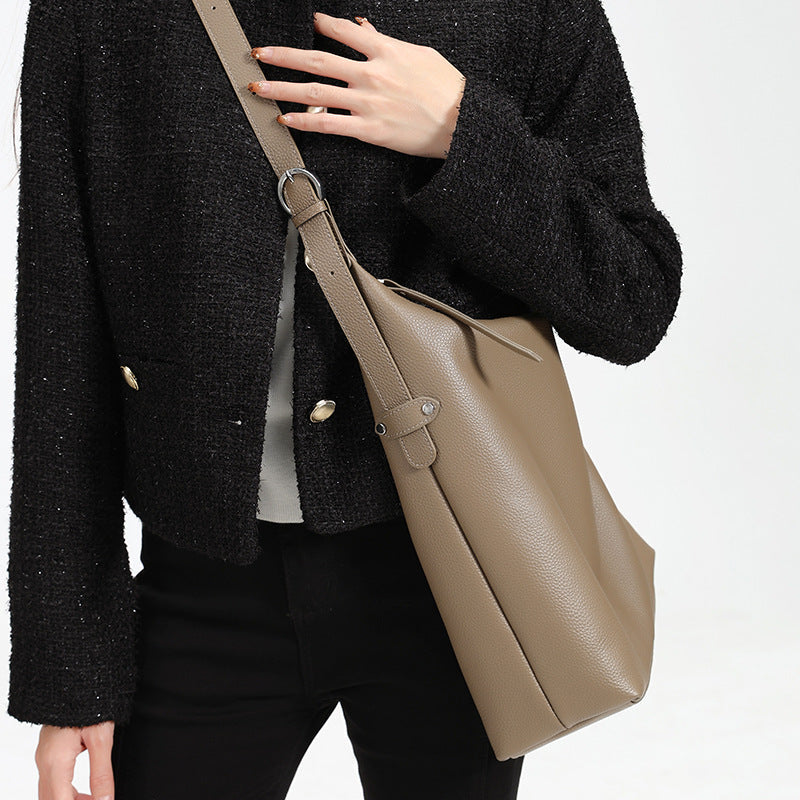 Women's Genuine Leather Bucket Shoulder Bag – Large Capacity Everyday Handbag