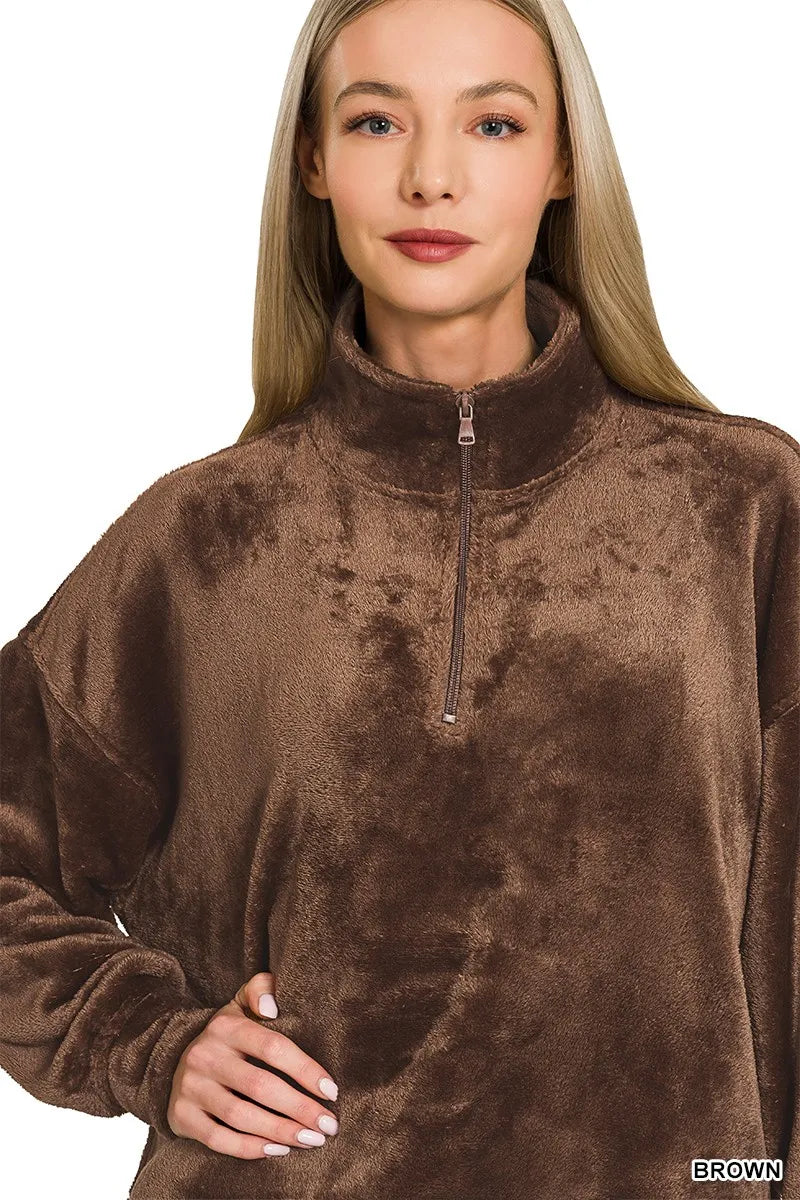 Zenana Faux Fur Half Zip Pocket Pullover