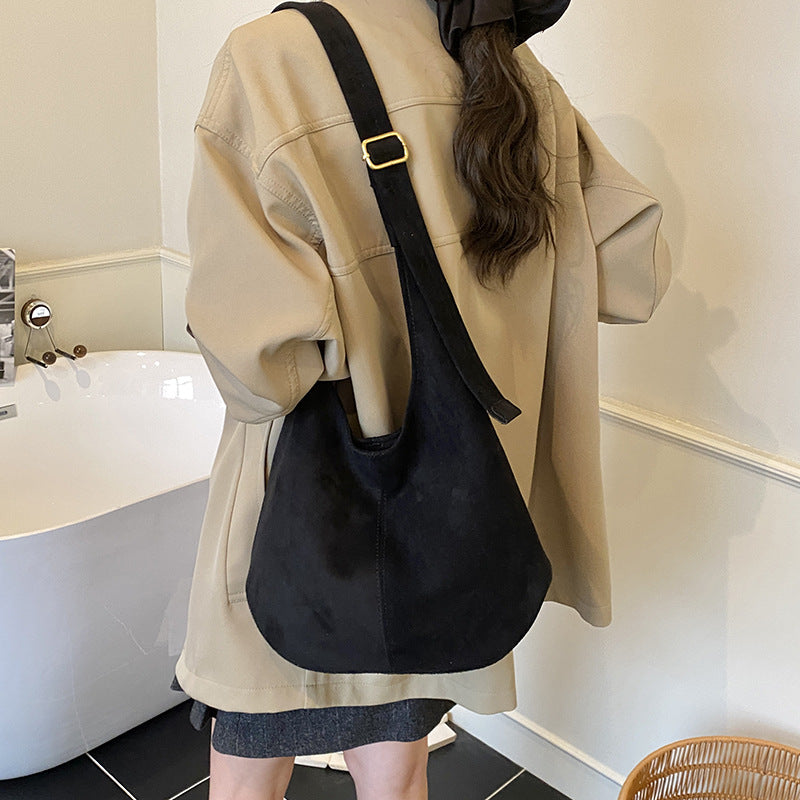 Women's Suede-Texture Bucket Shoulder Bag – Large Capacity Underarm Handbag