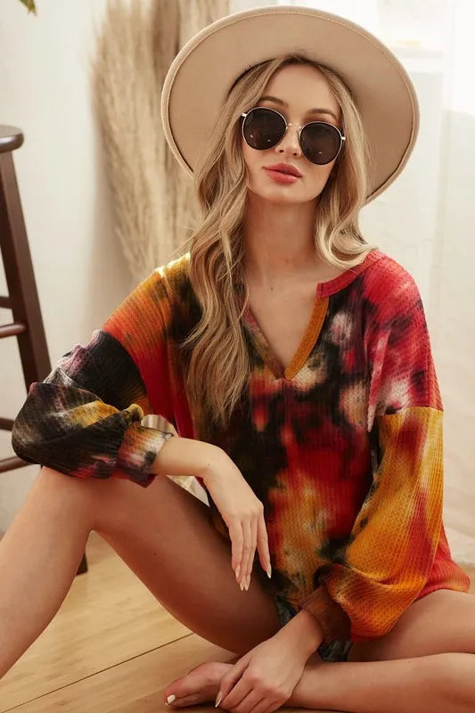BiBi Tie Dye Brushed Waffle Top With Bubble Sleeves