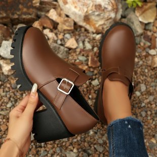 Women's British-Style Chunky Heel Pumps - Round Toe Buckle Closure Casual Shoes