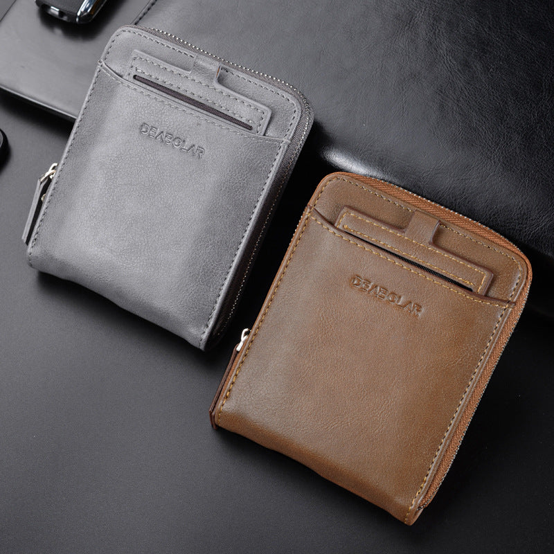 Men's Retro Multi-Card Zipper Wallet – PU Leather Slim Bifold with Coin Pocket