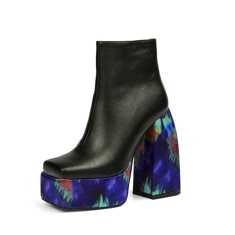 Women's High-Heel Leather Fashion Boots - Square Toe Chunky Heel Side Zipper