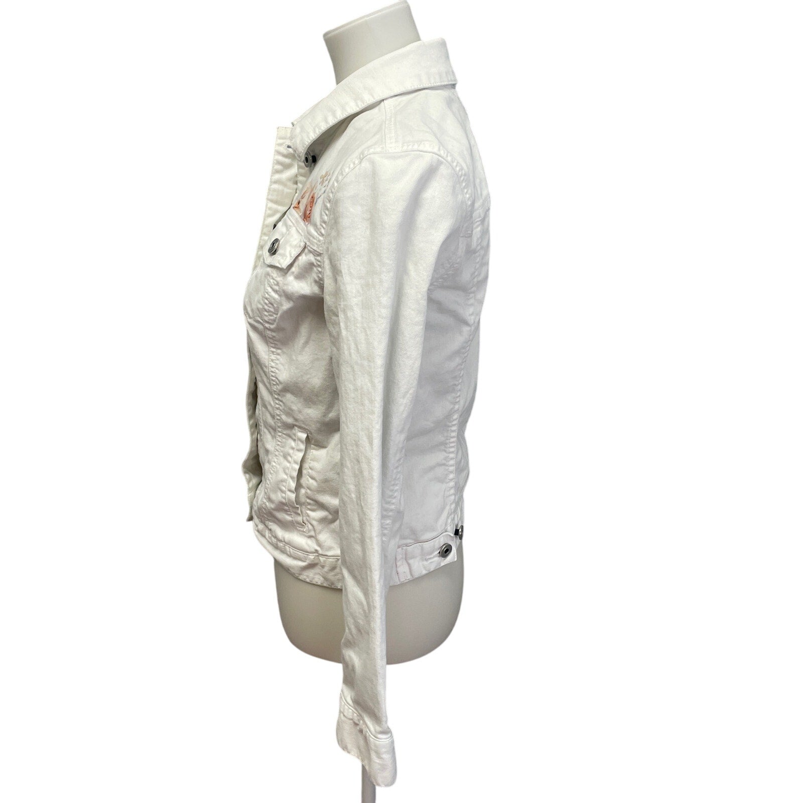 Hand Printed Upcycled Tommy Hilfiger Womens Medium Floral White Jean Jacket
