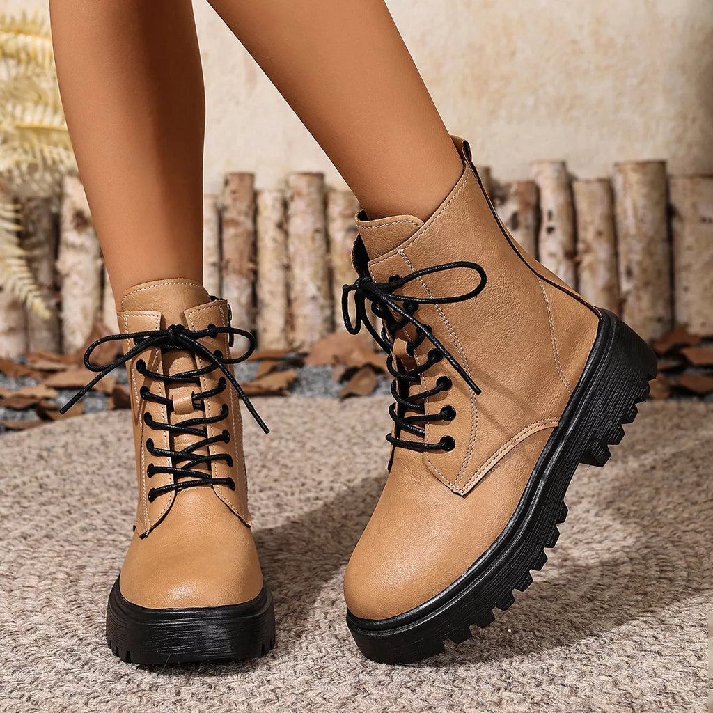 Women's Lace-Up Ankle Combat Boots | Low Heel PU Leather | Khaki Pink Brown