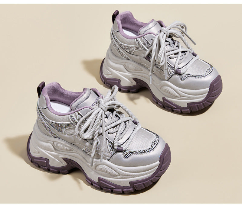 Women's Hidden Wedge Sneakers - Casual Lace-Up Leather Shoes