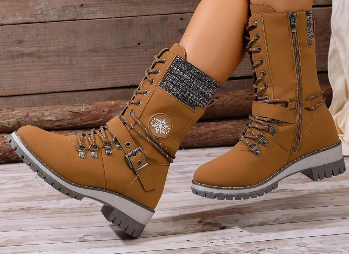 Women's Lace-Up Ankle Combat Boots – PU Leather Low Heel Military Style