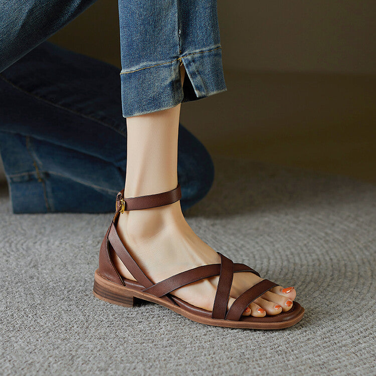 Women's Retro Cross-Strap Flat Sandals - Genuine Leather Open Toe Ankle Buckle Shoes