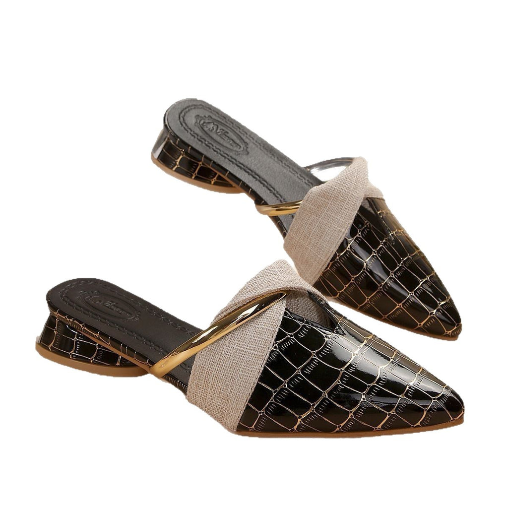 Women's Pointed-Toe Low-Heel Plaid Slippers - Chic Outdoor Mules