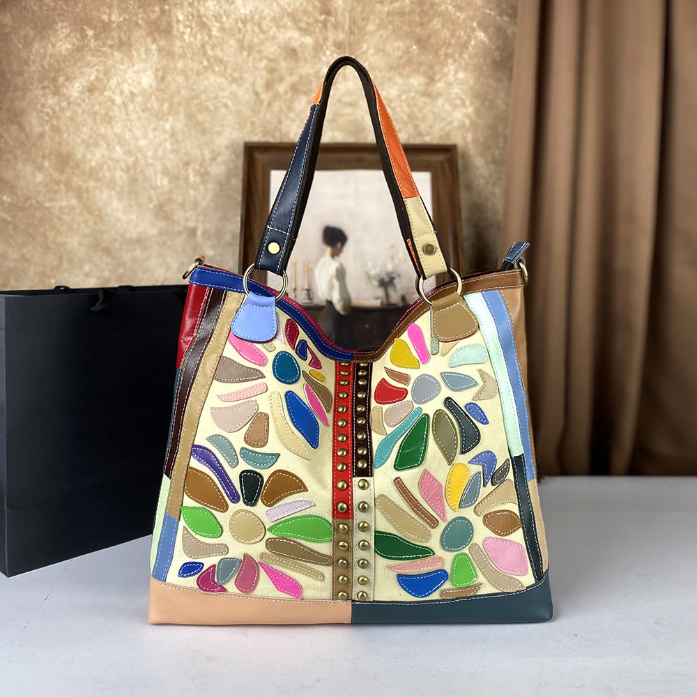 Women's Genuine Leather Crossbody Bag - Large Capacity Nautical Floral Design