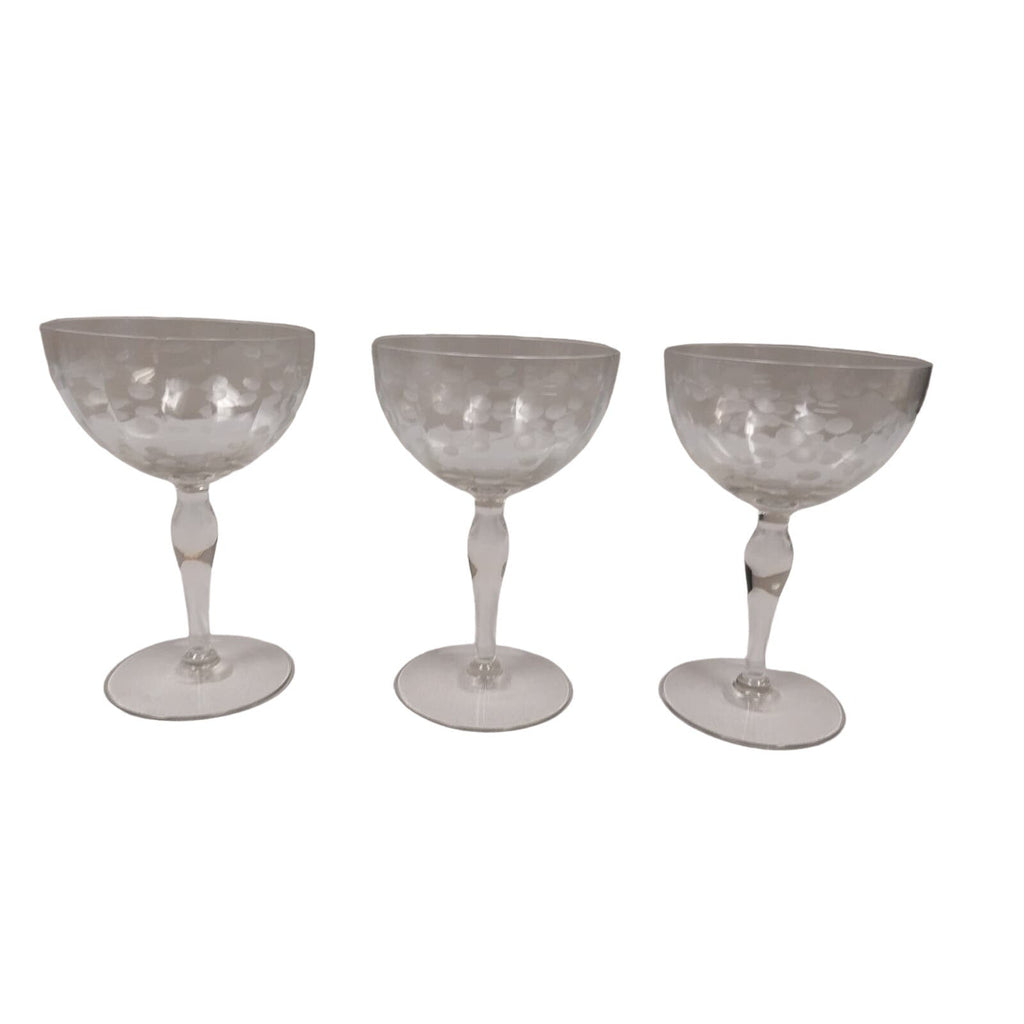 3 Vintage Delicate Glass Polka Dot Leaves Stemmed Drinking Wine Glasses w Chip