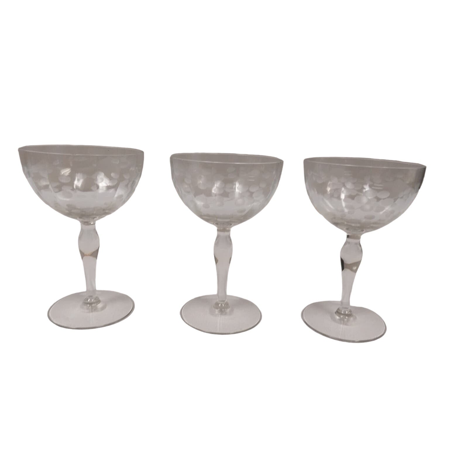 3 Vintage Delicate Glass Polka Dot Leaves Stemmed Drinking Wine Glasses w Chip