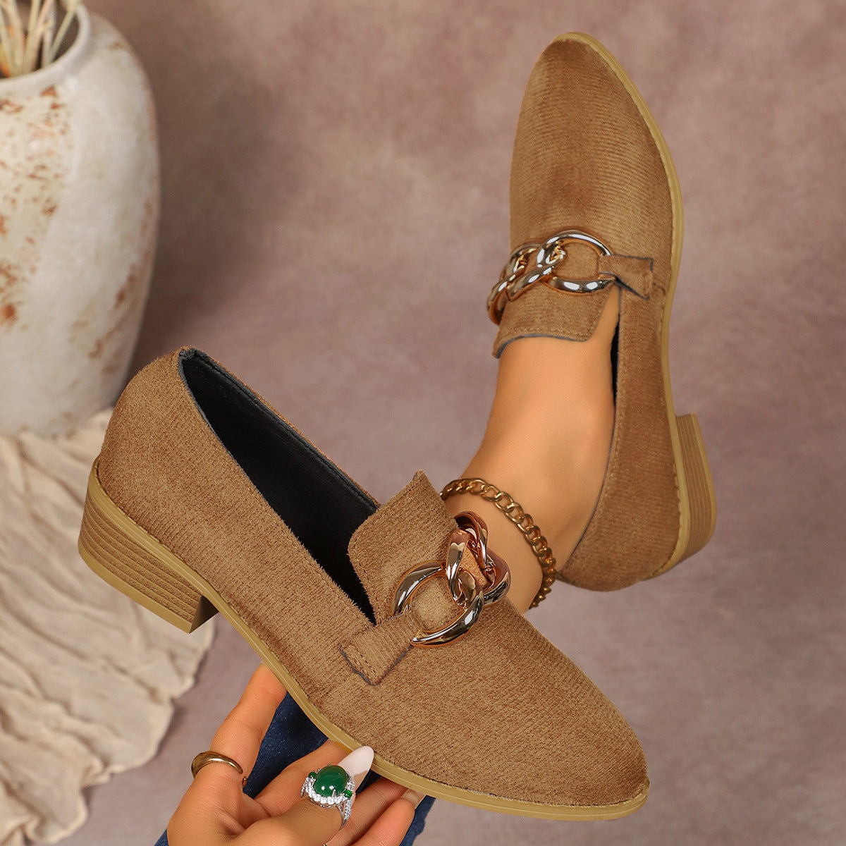 Women's Chunky Heel Suede Pumps – Elegant Metal Chain Pointed Toe Slip-On Shoes