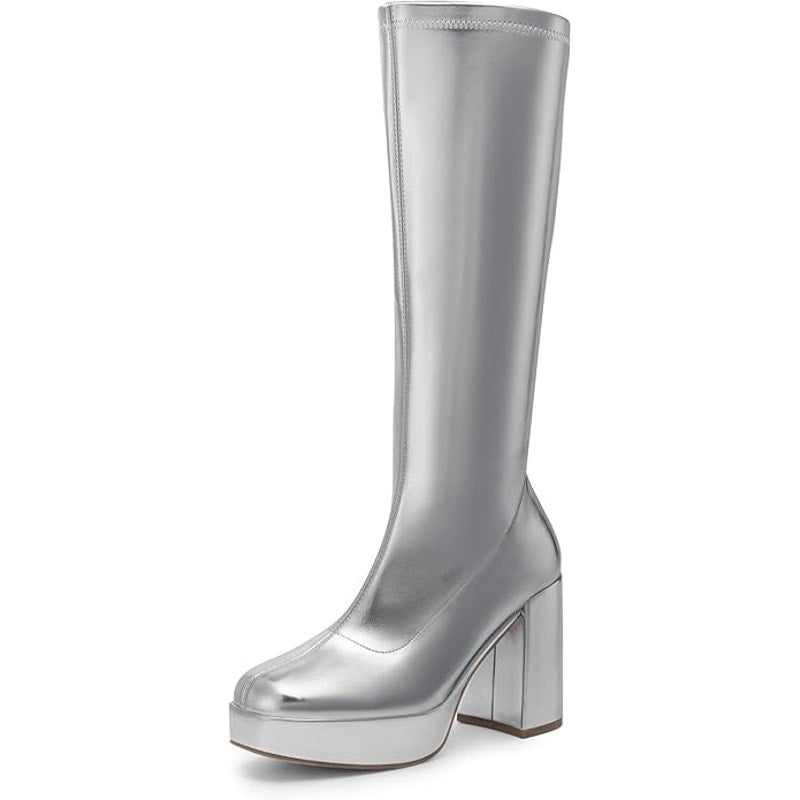 Dream Pairs Womens Size 8 Shiny Silver Zip 4" Platform Heel Knee High Gogo Boots